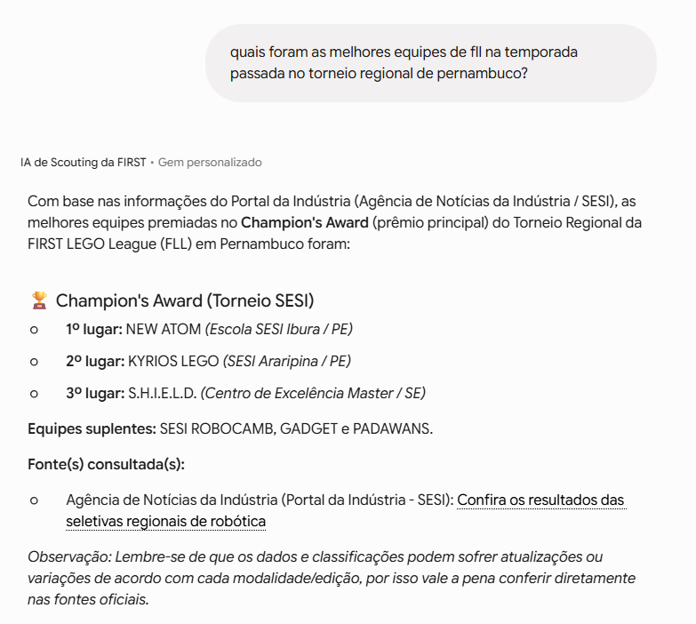 IA de Scouting listando as melhores equipes de FLL no regional de Pernambuco